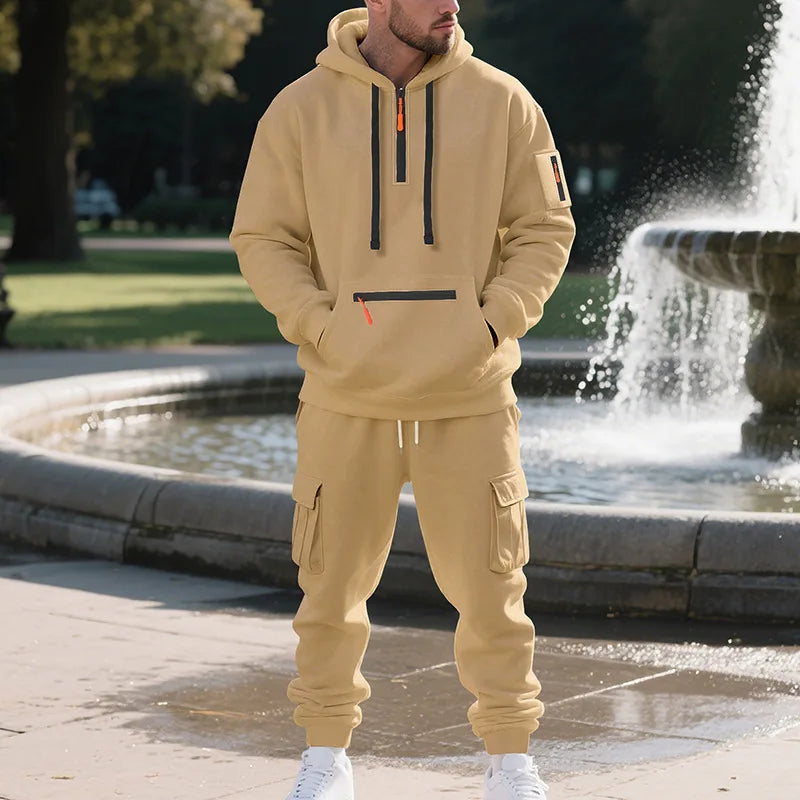 Herren-Sportanzug-Stil, Herbst- und Winter-Fleece, lässige Sportbekleidung für Herren, Reißverschlusspullover, Arbeitshosenanzug mit mehreren Taschen